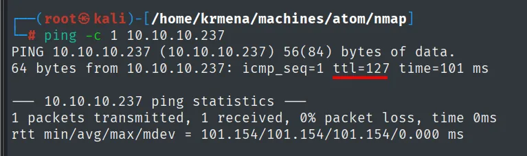 ping a 10.10.10.237: ttl=127 apunta a Windows