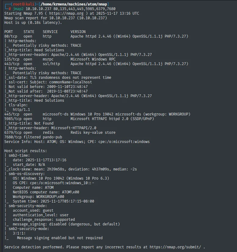 nmap -sCV: HTTP/HTTPS (Heed Solutions), SMB Win10, WinRM y Redis
