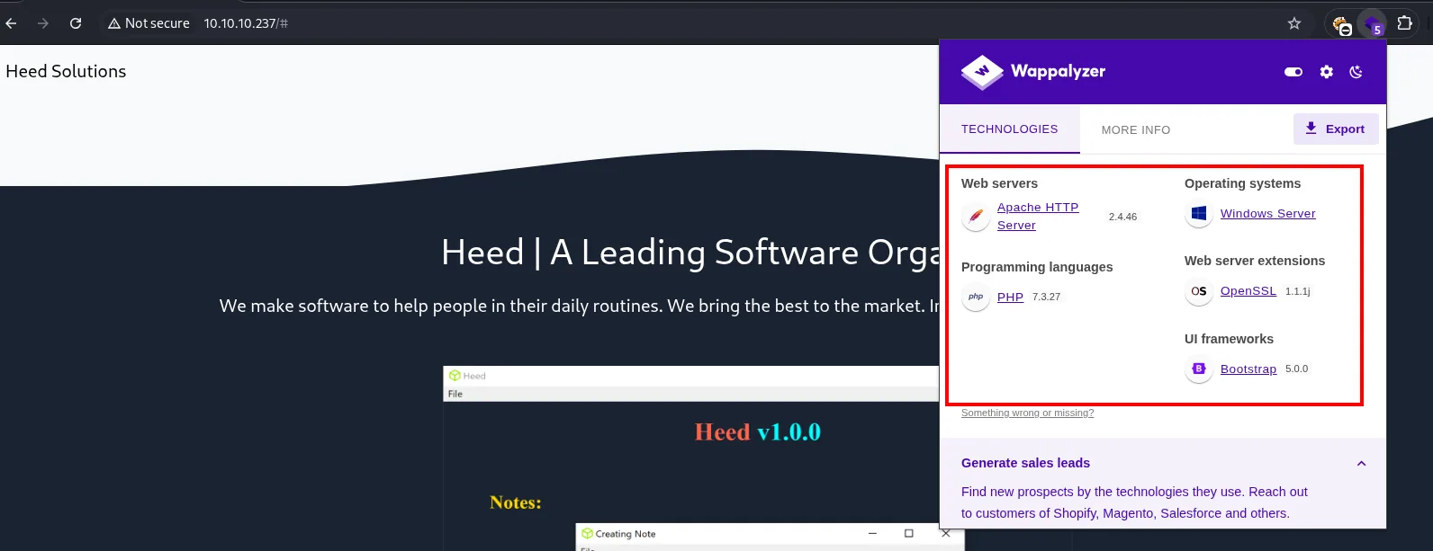 Wappalyzer confirma Apache 2.4.46, PHP 7.3.27, Bootstrap 5.0.0 y Windows Server