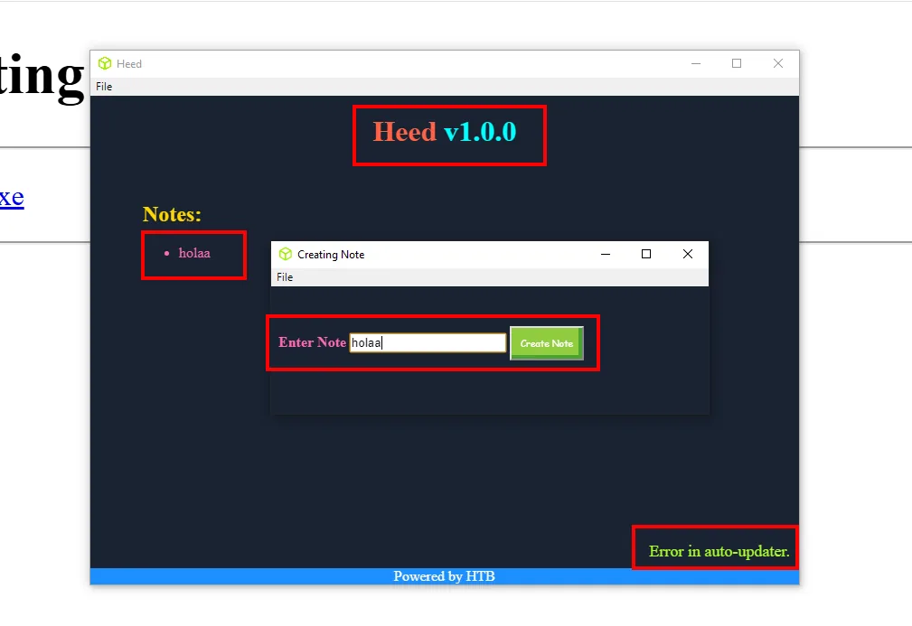 la aplicación Heed v1.0.0 en marcha, con el mensaje Error in auto-updater abajo a la derecha