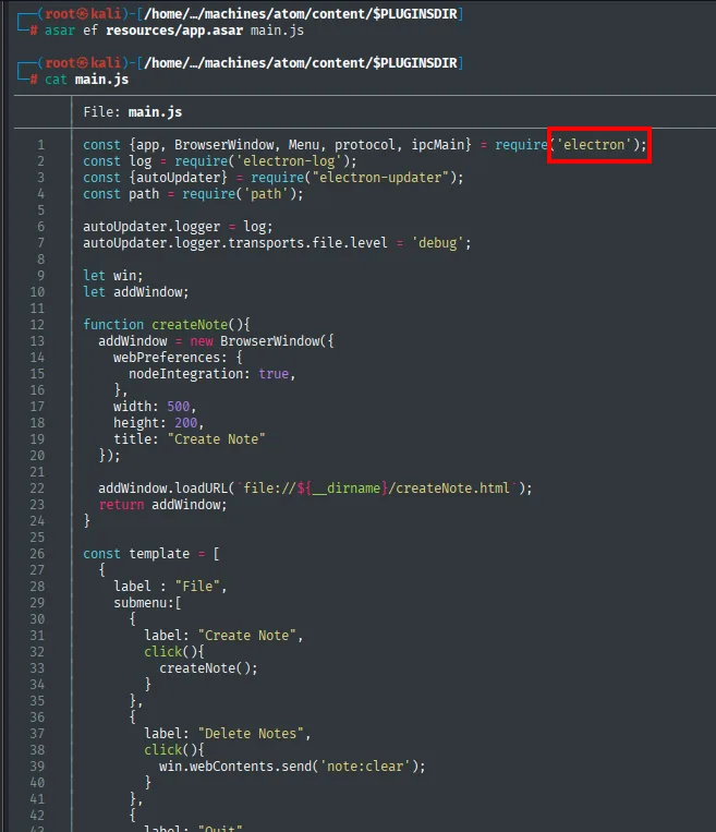main.js confirma Electron: BrowserWindow, nodeIntegration y el menú de la aplicación