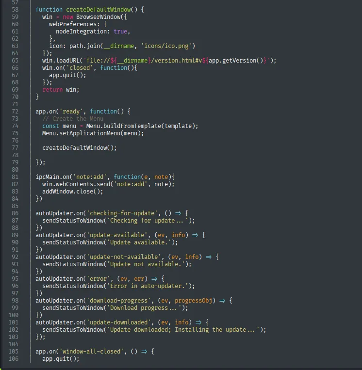 main.js: los manejadores de autoUpdater, incluido el que imprime Error in auto-updater