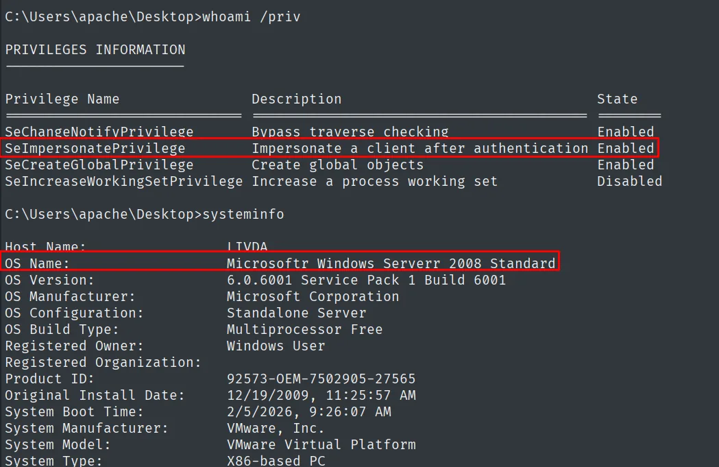 whoami /priv muestra SeImpersonatePrivilege Enabled en un Server 2008 x86