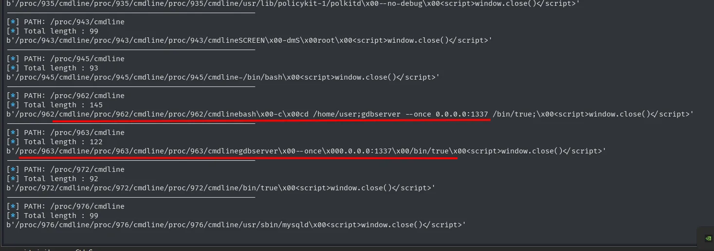 el LFI sobre /proc revela que el 1337 es gdbserver --once 0.0.0.0:1337