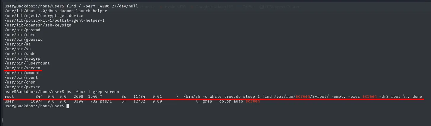 find revela /usr/bin/screen con SUID y un proceso root que recrea una sesión screen