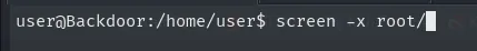 el prompt de user en Backdoor con el comando screen -x root/ escrito, antes de pulsar Enter