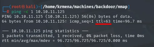 ping a 10.10.11.125 devolviendo ttl=63, 0% packet loss y 96.7 ms de latencia