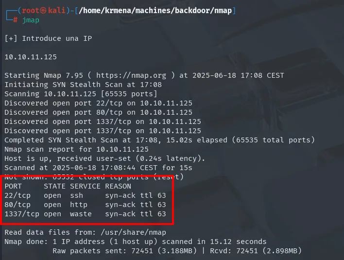nmap -p- descubriendo los puertos 22, 80 y 1337 con syn-ack ttl 63