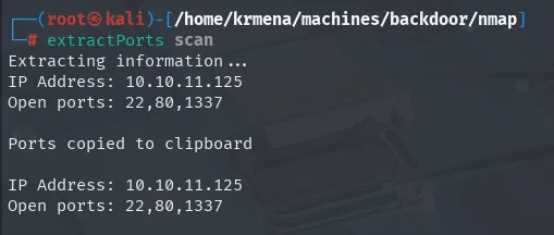 extractPorts resume el escaneo de Backdoor: IP 10.10.11.125 y puertos abiertos 22,80,1337, copiados al portapapeles