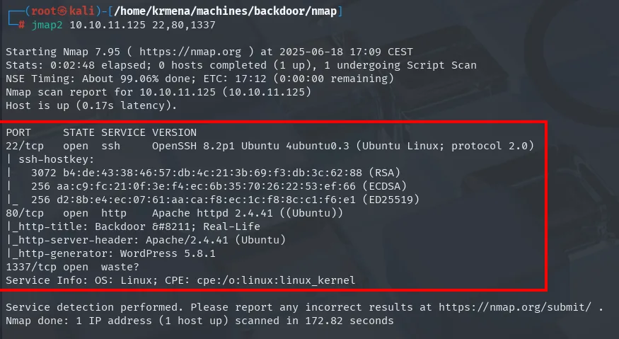 nmap -sCV identificando OpenSSH 8.2p1, Apache 2.4.41 con WordPress 5.8.1 y el 1337 sin identificar