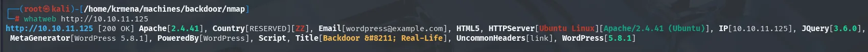whatweb identificando WordPress 5.8.1 sobre Apache 2.4.41 en Ubuntu