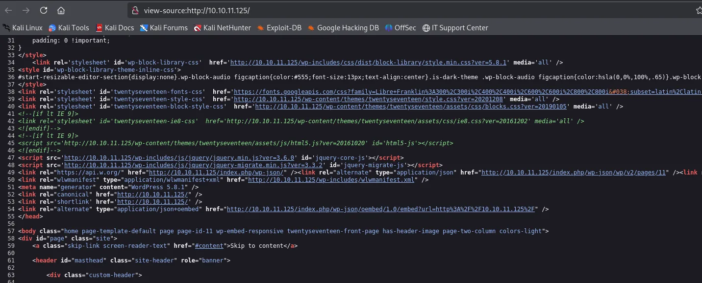 view-source de la portada mostrando las rutas de twentyseventeen y los endpoints de la API wp-json