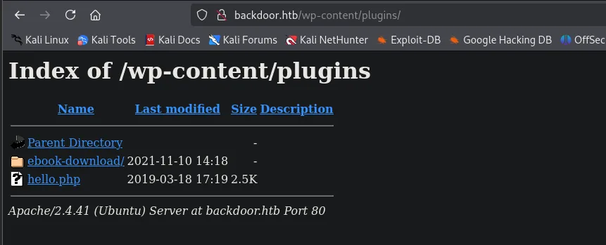 directory listing en /wp-content/plugins mostrando solo ebook-download y hello.php