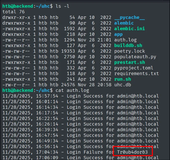 el listado de ~/uhc con auth.log y uhc.db, y el contenido del log con una contraseña en el campo de usuario
