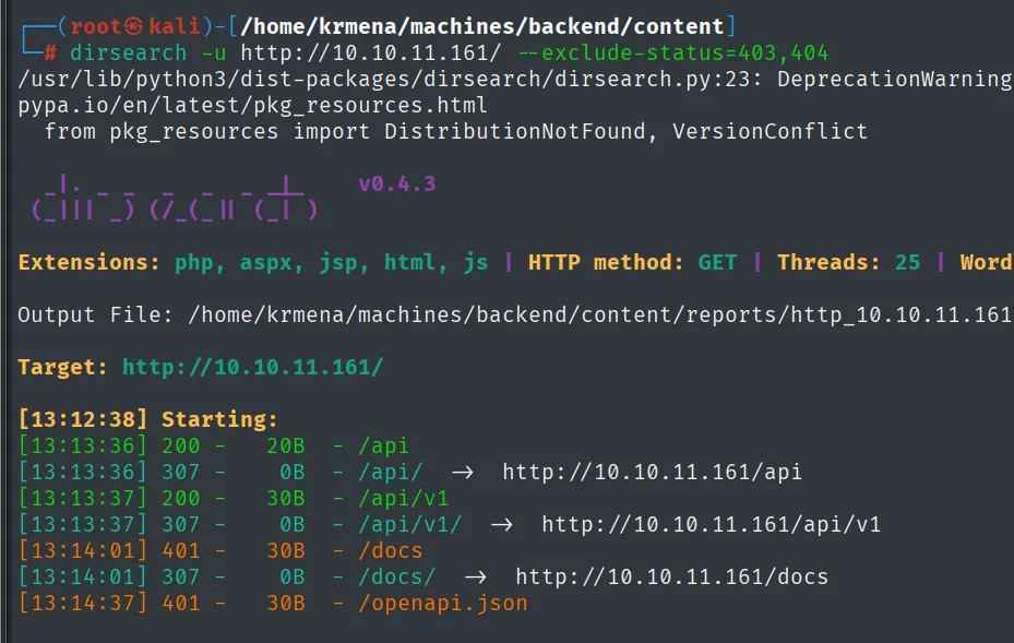 dirsearch encontrando /api y /api/v1 con 200 y /docs y /openapi.json con 401