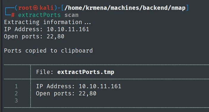 extractPorts leyendo el fichero scan de Backend, devolviendo IP Address 10.10.11.161 y Open ports 22,80, y el extractPorts.tmp con esas mismas dos líneas