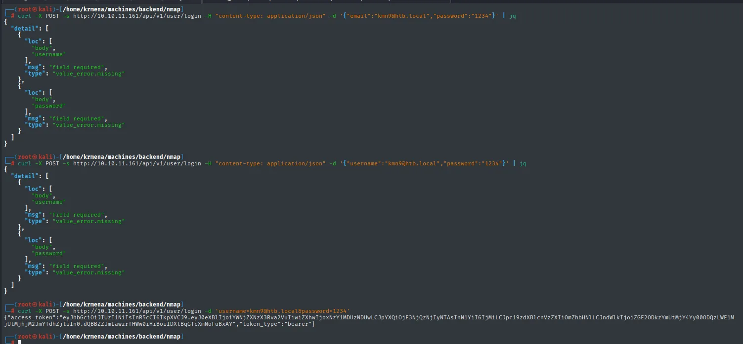 el login en JSON falla pidiendo username y password, y en form-urlencoded devuelve el JWT