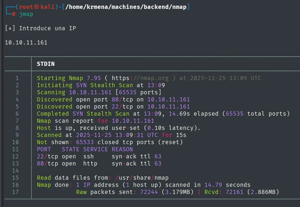 escaneo TCP completo con los puertos 22 y 80 abiertos y syn-ack ttl 63