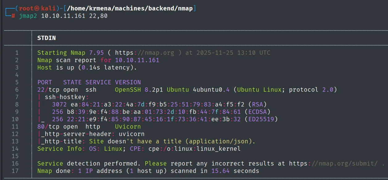 nmap -sCV identificando OpenSSH 8.2p1 Ubuntu y Uvicorn, con http-title indicando application/json