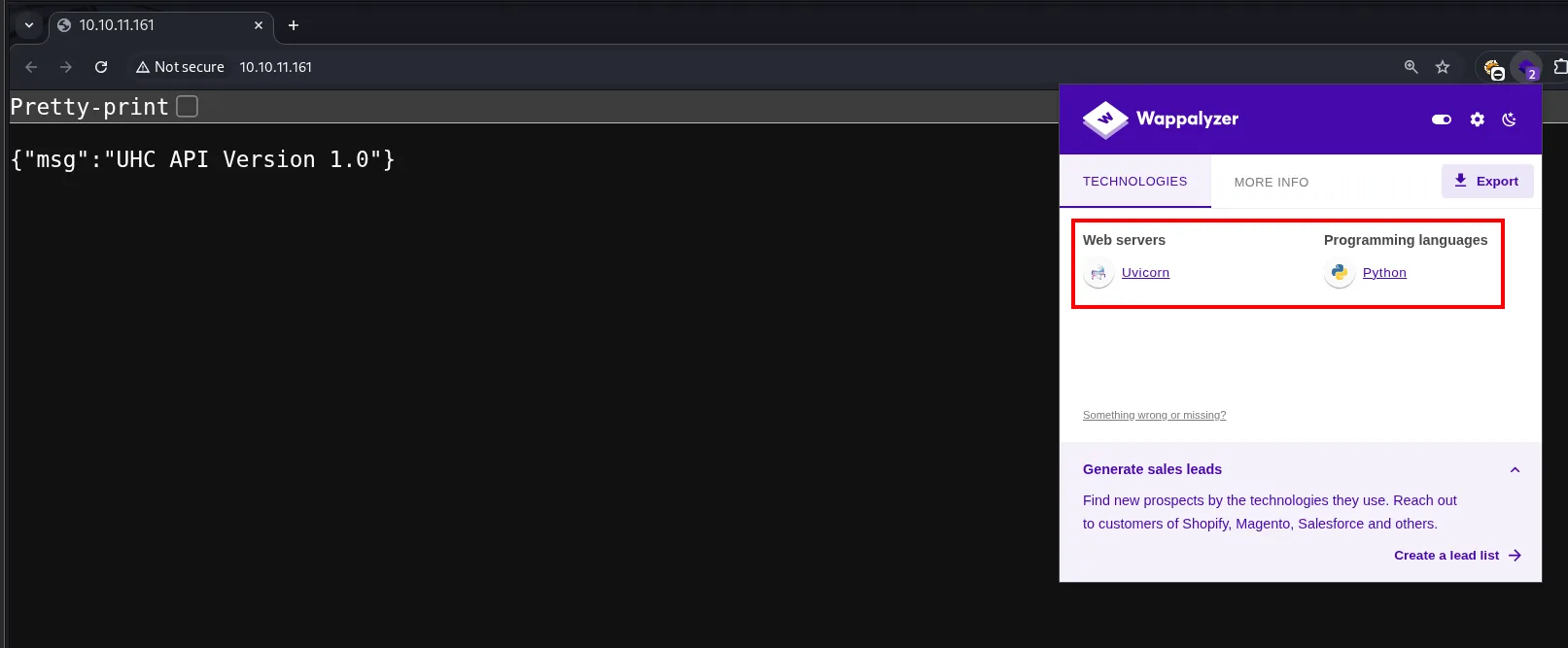 el navegador muestra {"msg":"UHC API Version 1.0"} y Wappalyzer detecta Uvicorn y Python