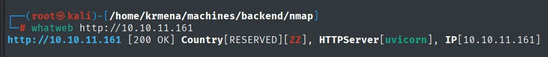 whatweb devolviendo solo el HTTPServer uvicorn, sin título ni framework