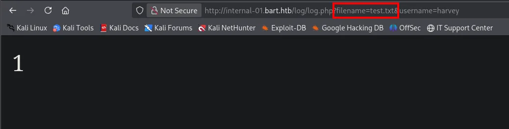 la misma petición a log.php con filename=test.txt sigue devolviendo un 1 en pantalla