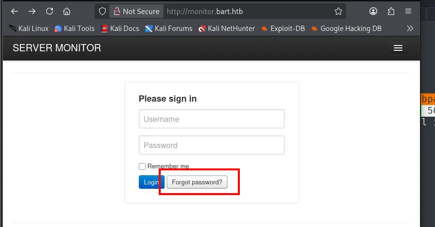 el panel Please sign in de monitor.bart.htb con el botón Forgot password resaltado al lado del de Login
