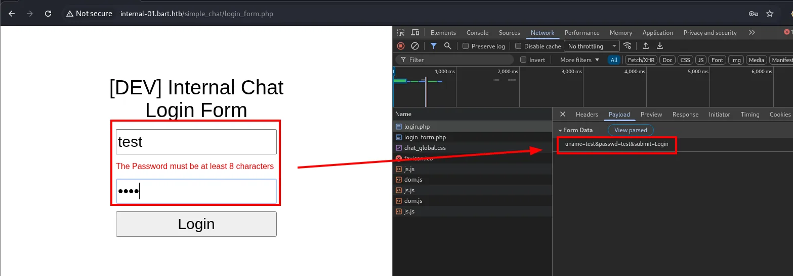 el login del chat con usuario test, el aviso de que la contraseña debe tener 8 caracteres, y en el inspector la Form Data de login.php con uname, passwd y submit