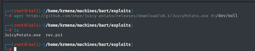 el wget descarga JuicyPotato.exe de la release v0.1 y el ls lo deja junto al rev.ps1 ya preparado
