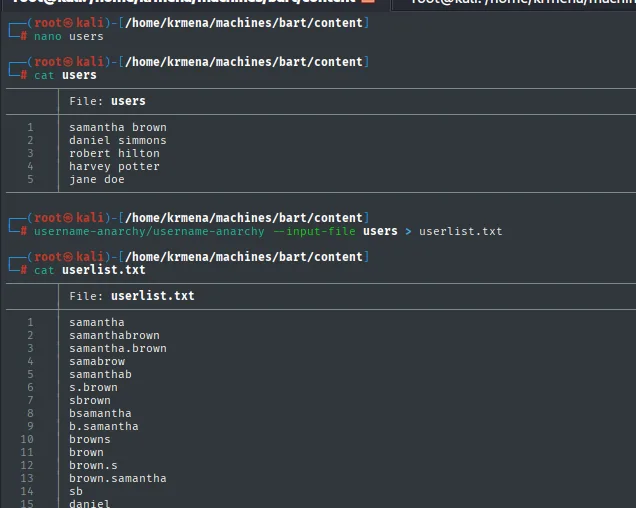 el fichero users con samantha brown, daniel simmons, robert hilton, harvey potter y jane doe, y el userlist.txt generado por username-anarchy con permutaciones como samantha, samanthabrown, s.brown, sbrown, bsamantha...