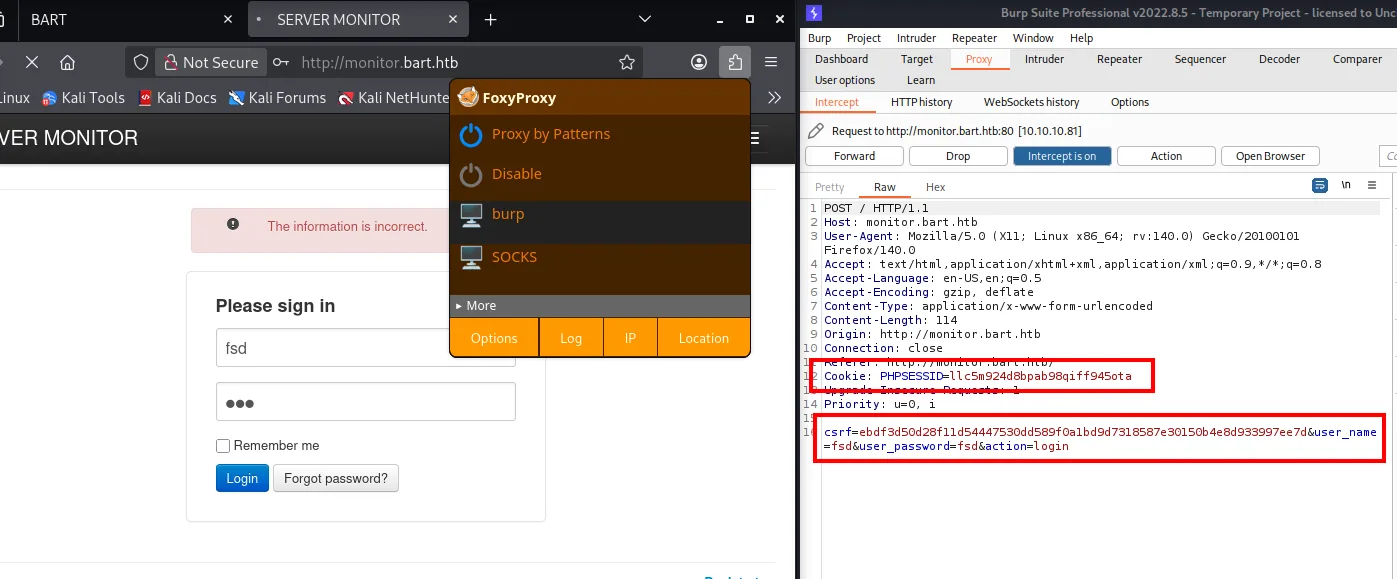 Burp interceptando la petición de login de PHP Server Monitor con los campos csrf, user_name, user_password y action