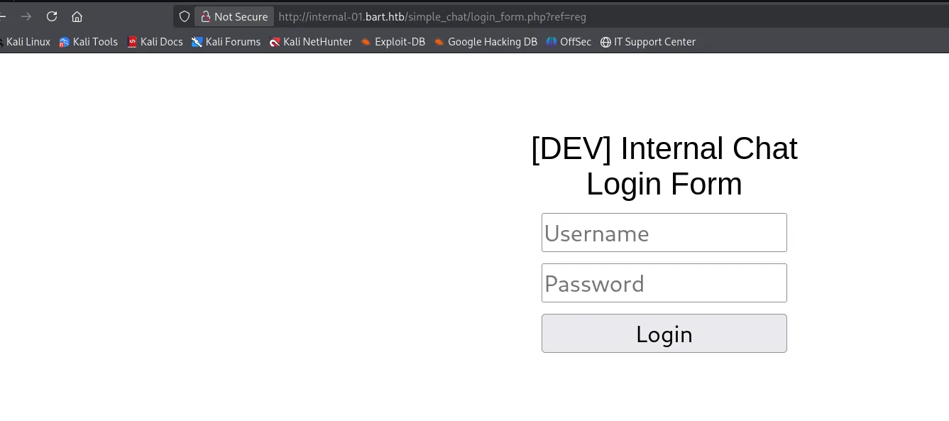 El login de internal-01.bart.htb/simple_chat/ pidiendo usuario y contraseña