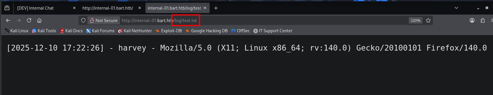 el fichero indicado en filename existe bajo /log/ y contiene una línea con la fecha, el usuario y el User-Agent del navegador