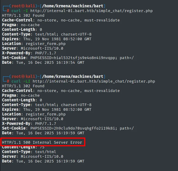 curl -I sobre register.php devuelve 302 Found con Location: register_form.php; al seguir la redirección con -L el destino responde 500 Internal Server Error